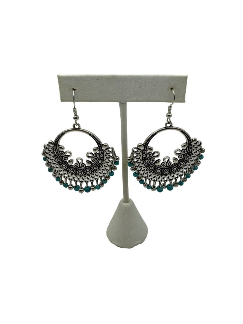 Bohemian Chic Silver Plated Dangle Hoop Earrings With Turquoise Beads